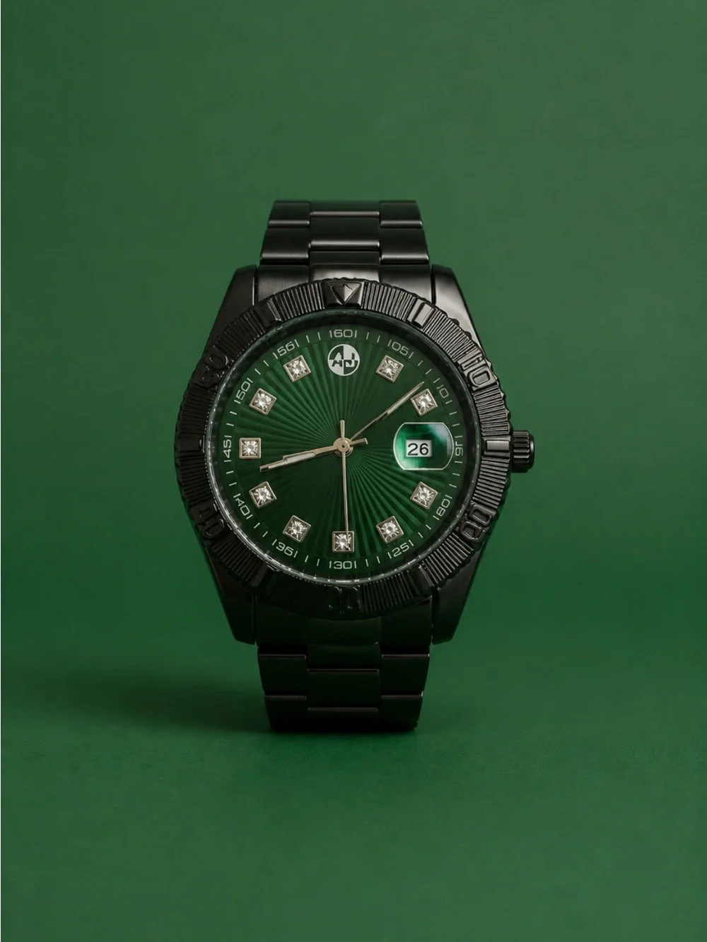 Black Bracelet Watch with Emerald Sunburst Dial and Date